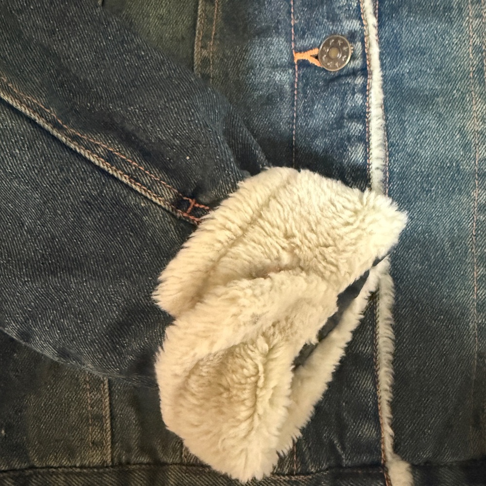 Vintage 90s Fur Denim Jacket Small Embroidered Patches, Beads Floral Butterfly - Picture 6 of 13